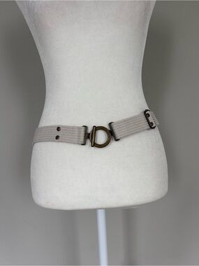 Minimalist Beige Woven Belt with Antique Brass Circular Toggle Buckle Size 8